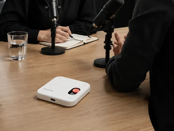 Hypenote on the table during a two-person interview, studio microphones and a notebook around it
