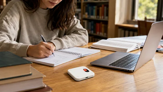 Student taking notes in a library with Hypenote on the desk beside books and a laptop