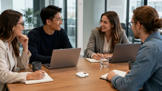 Four colleagues around a conference table with laptops and Hypenote recording at the center